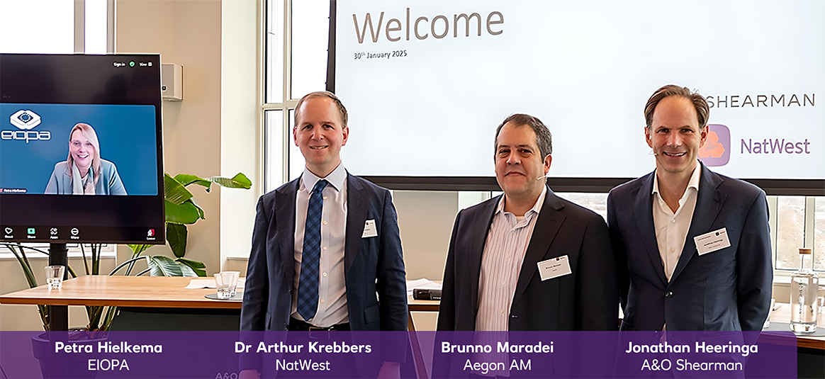 From left to right: Petra Hielkema (EIOPA), Dr Arthur Krebbers (NatWest), Brunno Maradei (Aegon AM), Jonathan Heeringa (A&O)