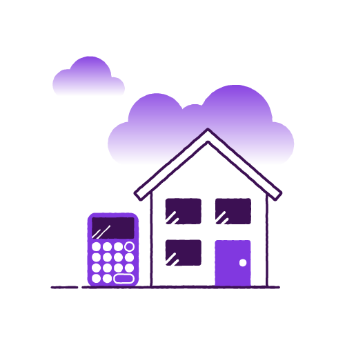 Purple illustration of a house with a calculator